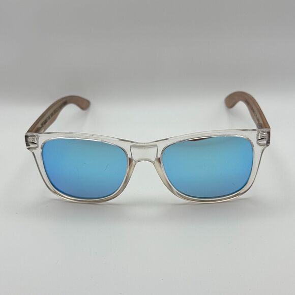 Calacas Eyewear Polarized Sunglasses Blue Lenses Clear & Wood Frame - Picture 2 of 10